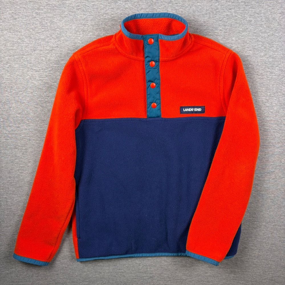 Lands' End Fleece Pullover Kids S 6-7 Orange Navy Blue T Snap Colorblock